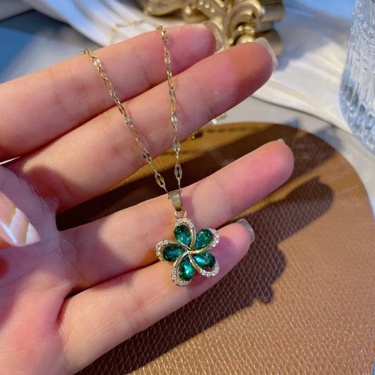 Collier pendentif fleurs en zircon vert DIEYURO en acier inoxydable 316L pour femme - Nouveau bijou porte-bonheur de luxe pour fille - Cadeau d'anniversaire