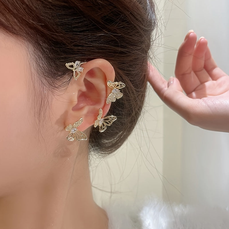 Boucles d'oreilles papillon élégantes pour femmes - Crochets d'oreilles sans perçage, accents de pierres précieuses synthétiques, bijoux de tous les jours et de cérémonie pour les fête, beige clair, accessoires de fête.