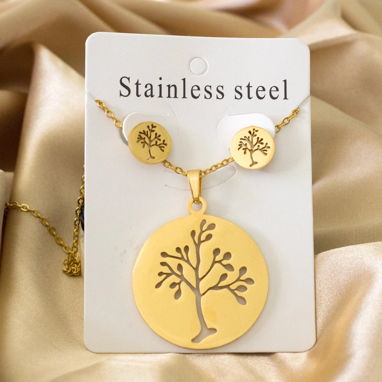 LUXUKISSKIDS Grandes Breloques Arbre de Vie Dubaï Ensembles de Bijoux Dorés pour Femme/Homme Hippie Ensemble Pendentif Rond Collier Boucles d'Oreilles Punk