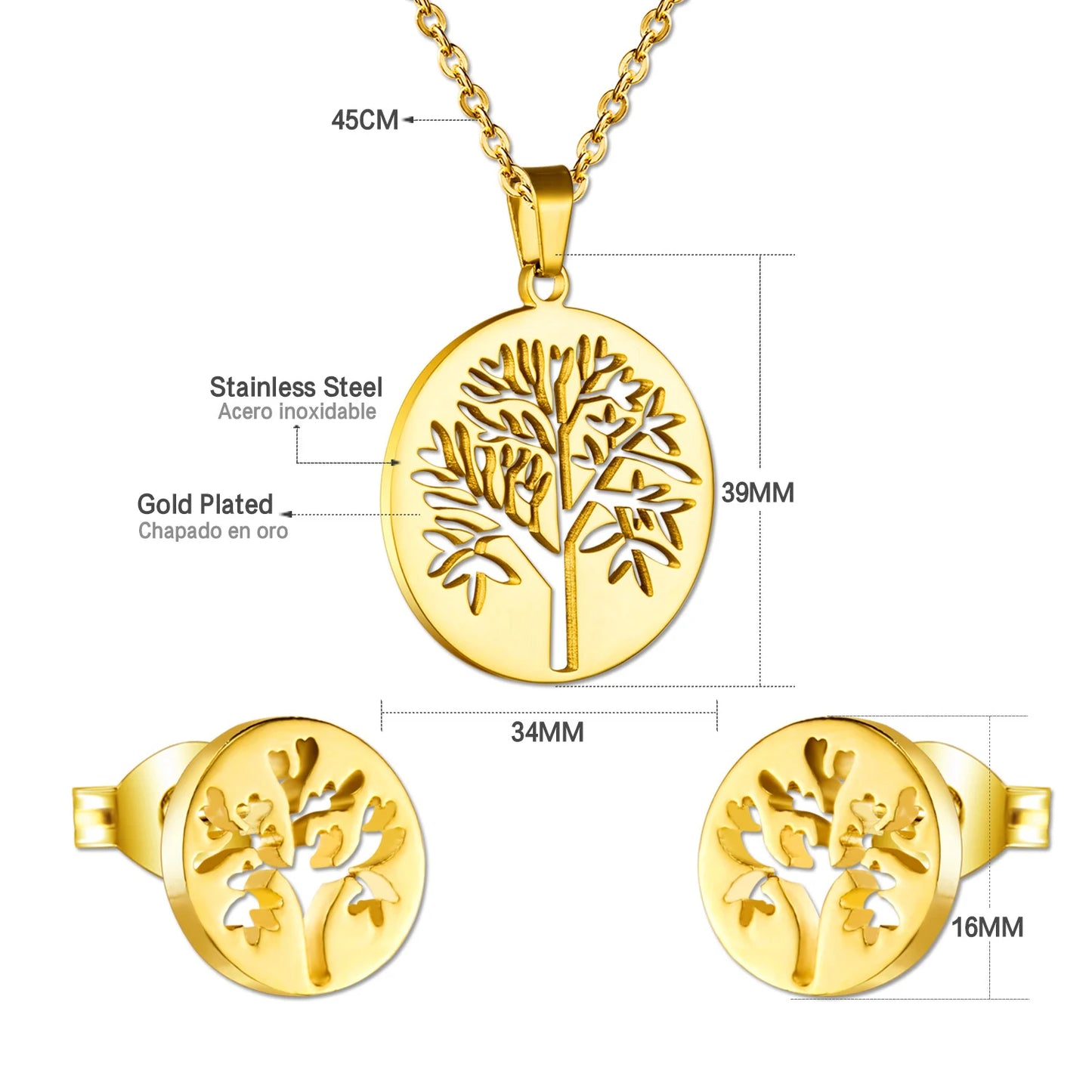 LUXUKISSKIDS Grandes Breloques Arbre de Vie Dubaï Ensembles de Bijoux Dorés pour Femme/Homme Hippie Ensemble Pendentif Rond Collier Boucles d'Oreilles Punk