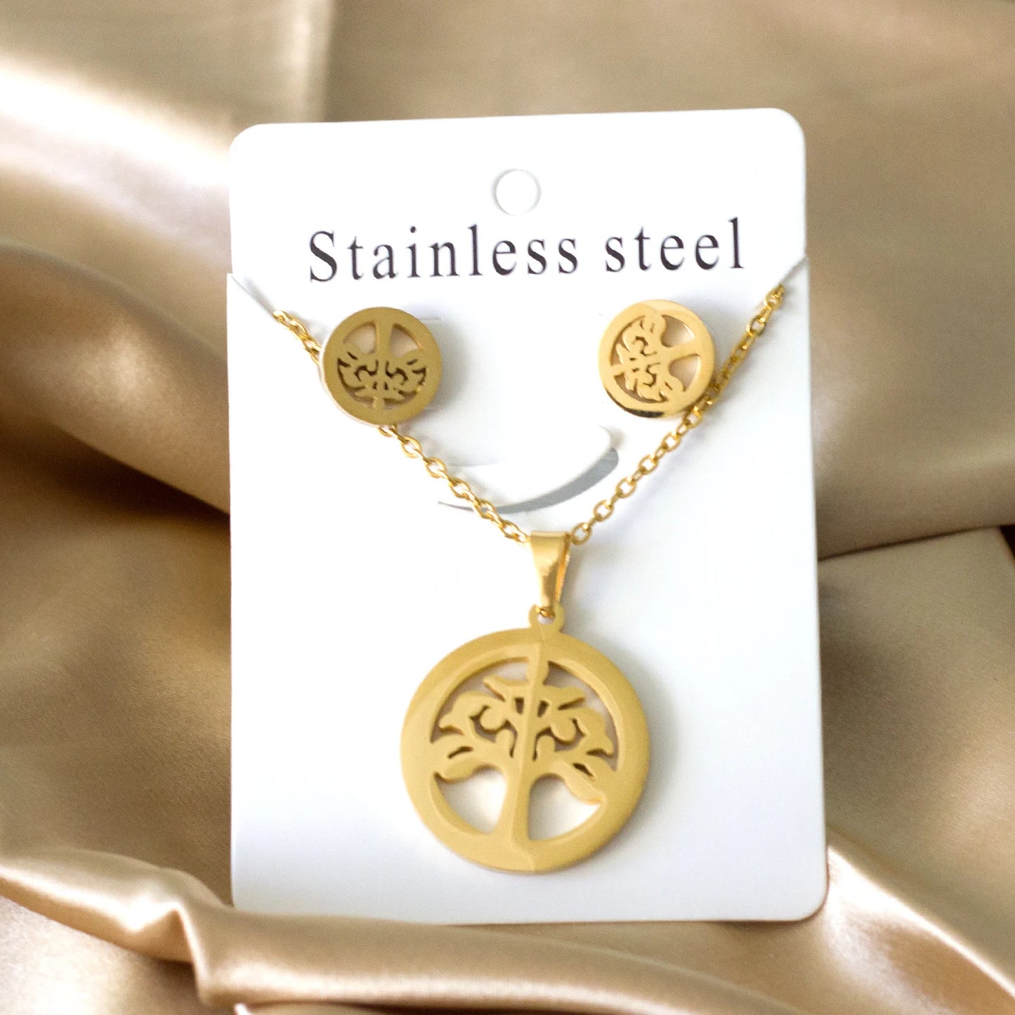 LUXUKISSKIDS Grandes Breloques Arbre de Vie Dubaï Ensembles de Bijoux Dorés pour Femme/Homme Hippie Ensemble Pendentif Rond Collier Boucles d'Oreilles Punk