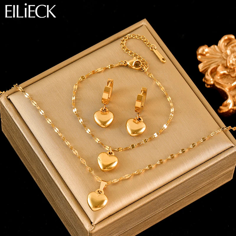 Ensemble collier, bracelets et boucles d'oreilles EILIECK en acier inoxydable 316L, motif cœur et plaqué or 18 carats, style tendance et étanche.