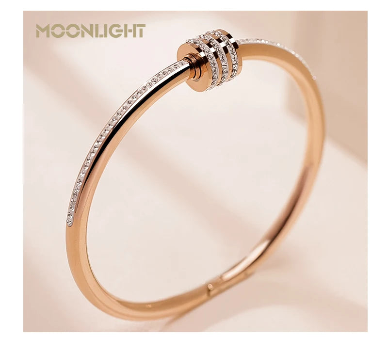 Bracelet jonc classique MOONLIGHT en acier inoxydable et zircon pour femme, bracelet à vis circulaire, bijoux féminins, accessoires de mode