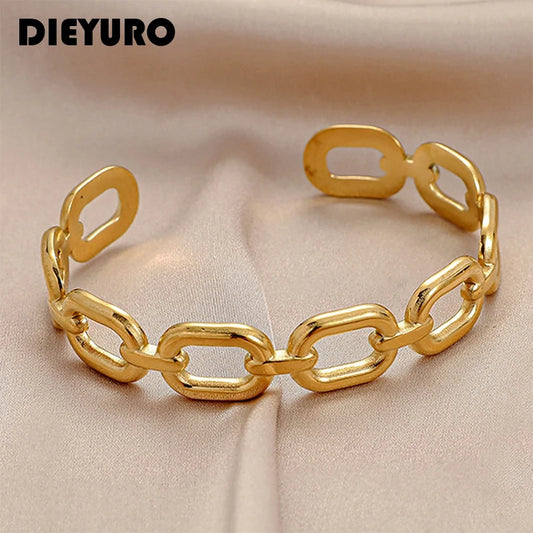 Bracelet jonc DIEYURO en acier inoxydable 316L pour femme, style vintage, à maillons carrés ajourés, couleur or, bijou de haute qualité, idéal comme cadeau.