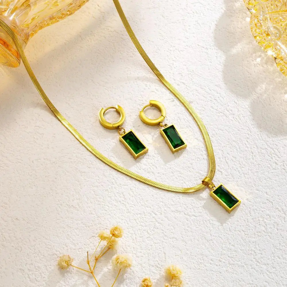 Ensemble de bijoux pour femme en acier inoxydable, collier et boucles d'oreilles carrés en zircon vert, chaîne dorée, accessoires, cadeau de mariage