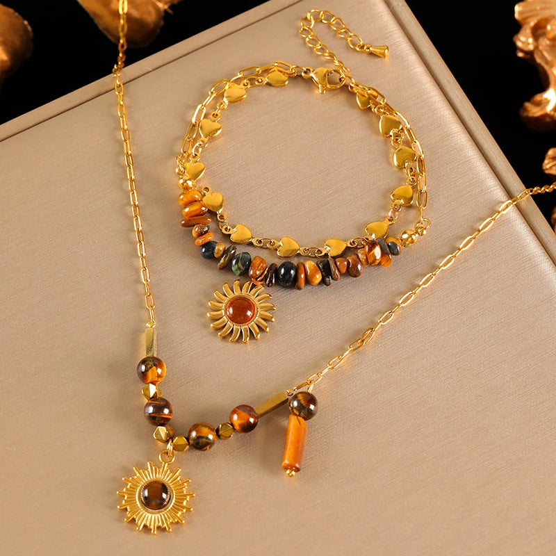 Ensemble collier et bracelet pendentif vintage en acier inoxydable 316L marron à perles, tendance pour femme, cadeau original et étanche.