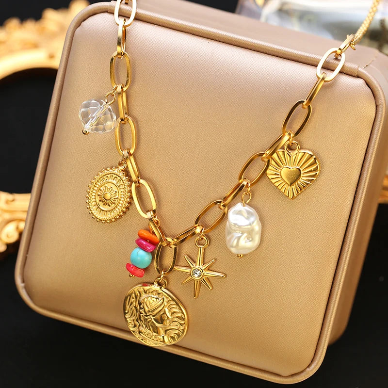 Collier pendentif soleil, cœur et fleur en acier inoxydable 316L EILIECK, plaqué or 18 carats, bijou fait main pour femme et fille