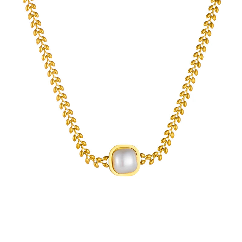 DIEYURO Ensemble de bijoux fantaisie en acier inoxydable 316L : collier, boucles d'oreilles et bague carrées avec grosse perle. Idéal pour femme et jeune fille. Un cadeau parfait pour les fêtes !