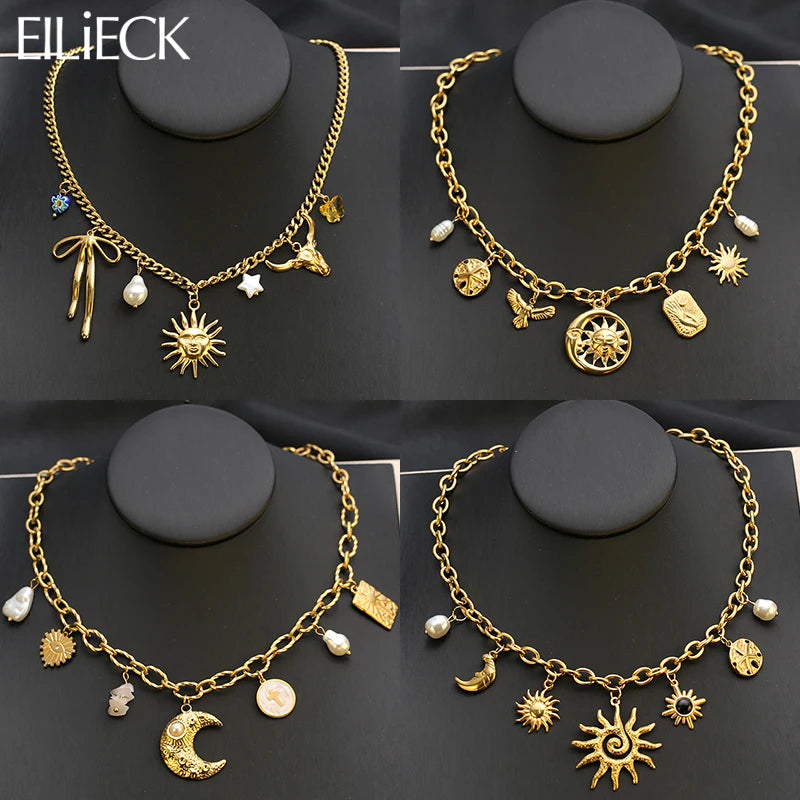 Collier pendentif tendance en acier inoxydable 316L, forme étoile de mer, lune et soleil, avec chaîne dorée. Bijou fantaisie à offrir.