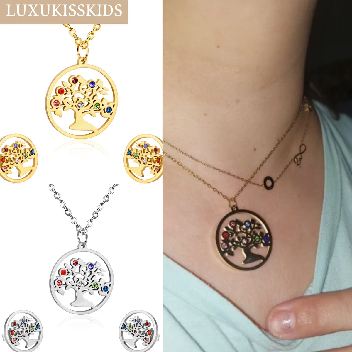 LUXUKISSKIDS Grandes Breloques Arbre de Vie Dubaï Ensembles de Bijoux Dorés pour Femme/Homme Hippie Ensemble Pendentif Rond Collier Boucles d'Oreilles Punk