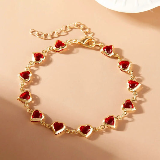 Bracelet élégant en métal et zircon rouge cristallé pour femme, bracelet cœur coloré, bijou de poignet pour les fêtes et mariages, cadeau idéal pour une jeune fille