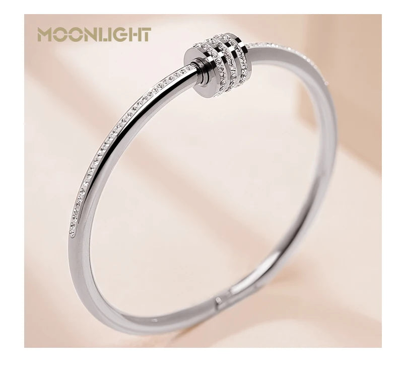 Bracelet jonc classique MOONLIGHT en acier inoxydable et zircon pour femme, bracelet à vis circulaire, bijoux féminins, accessoires de mode
