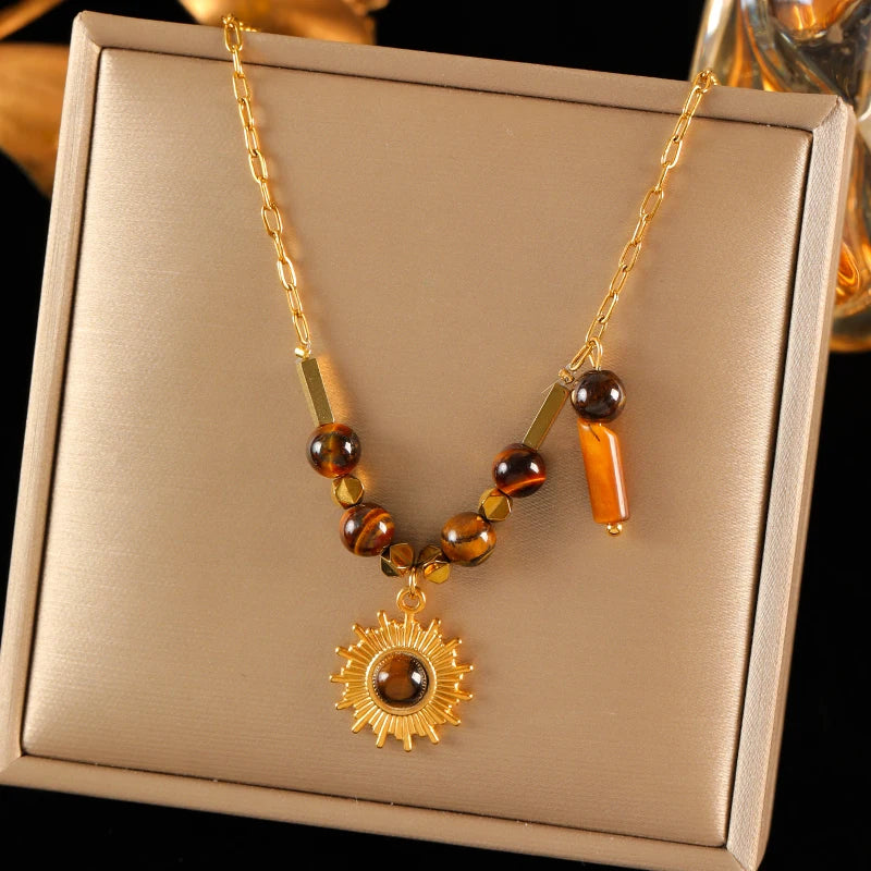 Ensemble collier et bracelet pendentif vintage en acier inoxydable 316L marron à perles, tendance pour femme, cadeau original et étanche.