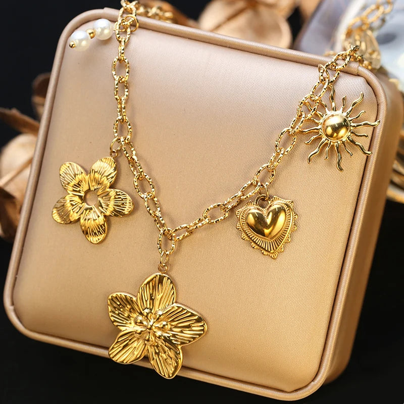 Collier pendentif soleil, cœur et fleur en acier inoxydable 316L EILIECK, plaqué or 18 carats, bijou fait main pour femme et fille