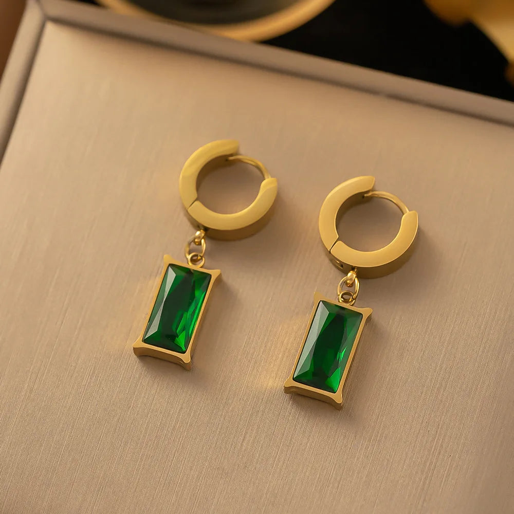 Ensemble de bijoux pour femme en acier inoxydable, collier et boucles d'oreilles carrés en zircon vert, chaîne dorée, accessoires, cadeau de mariage