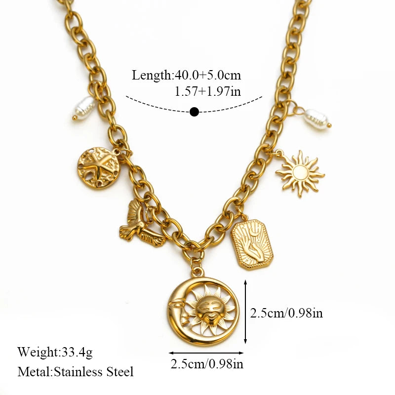 Collier pendentif soleil, cœur et fleur en acier inoxydable 316L EILIECK, plaqué or 18 carats, bijou fait main pour femme et fille
