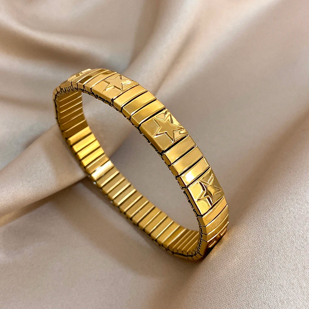 Bracelet vintage italien en acier inoxydable élastique à motif étoile, style jonc, ajustable, pour femmes et hommes.