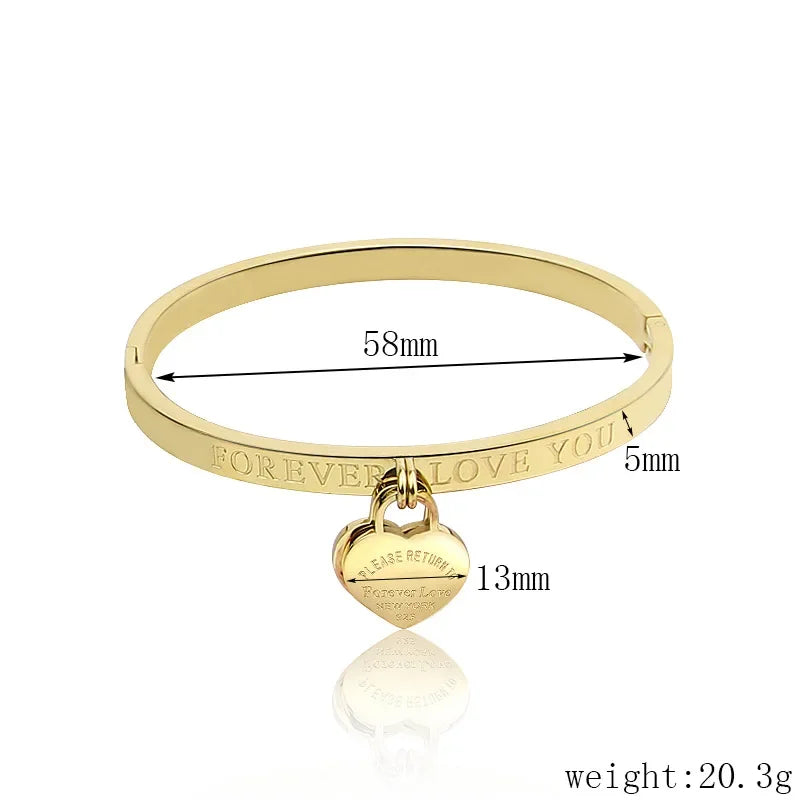 Bracelets et joncs classiques tendance en acier inoxydable doré Bracelet double cœur pêche