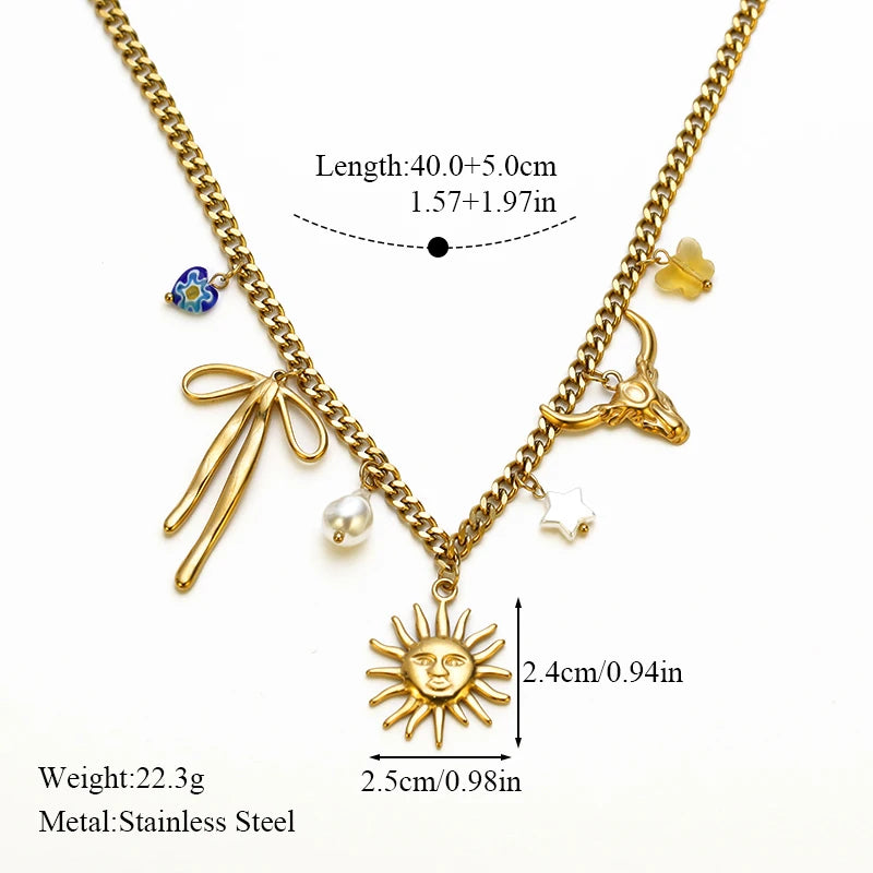 Collier pendentif tendance en acier inoxydable 316L, forme étoile de mer, lune et soleil, avec chaîne dorée. Bijou fantaisie à offrir.