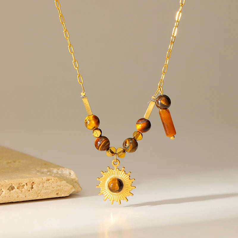 Ensemble collier et bracelet pendentif vintage en acier inoxydable 316L marron à perles, tendance pour femme, cadeau original et étanche.