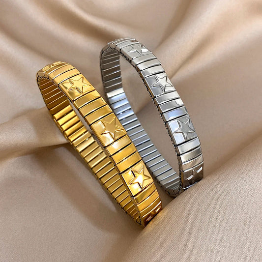 Bracelet vintage italien en acier inoxydable élastique à motif étoile, style jonc, ajustable, pour femmes et hommes.