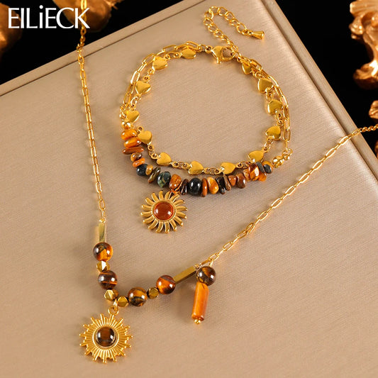 Ensemble collier et bracelet pendentif vintage en acier inoxydable 316L marron à perles, tendance pour femme, cadeau original et étanche.