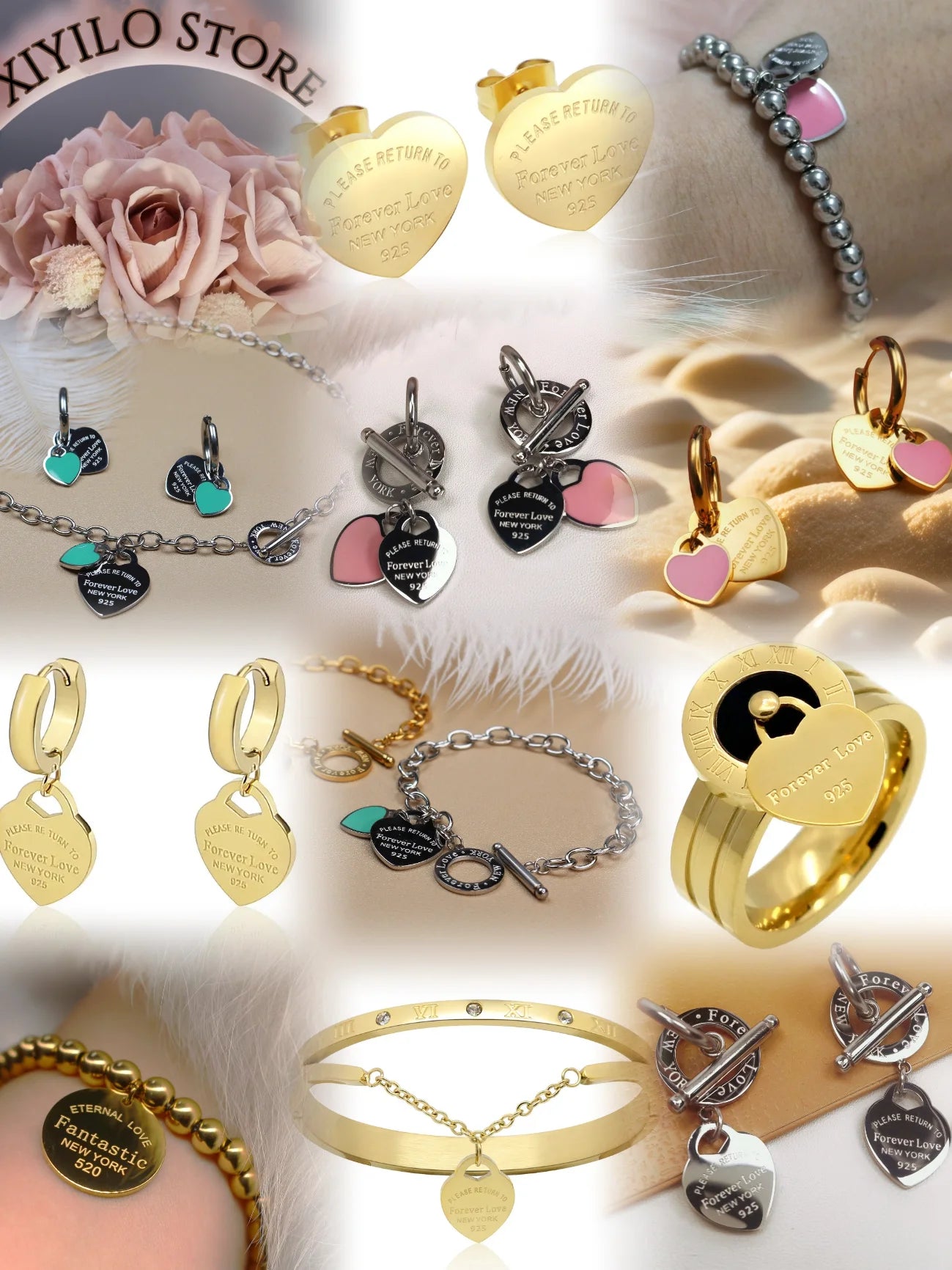 Bracelets et joncs classiques tendance en acier inoxydable doré Bracelet double cœur pêche