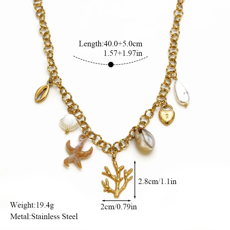 Collier pendentif tendance en acier inoxydable 316L, forme étoile de mer, lune et soleil, avec chaîne dorée. Bijou fantaisie à offrir.