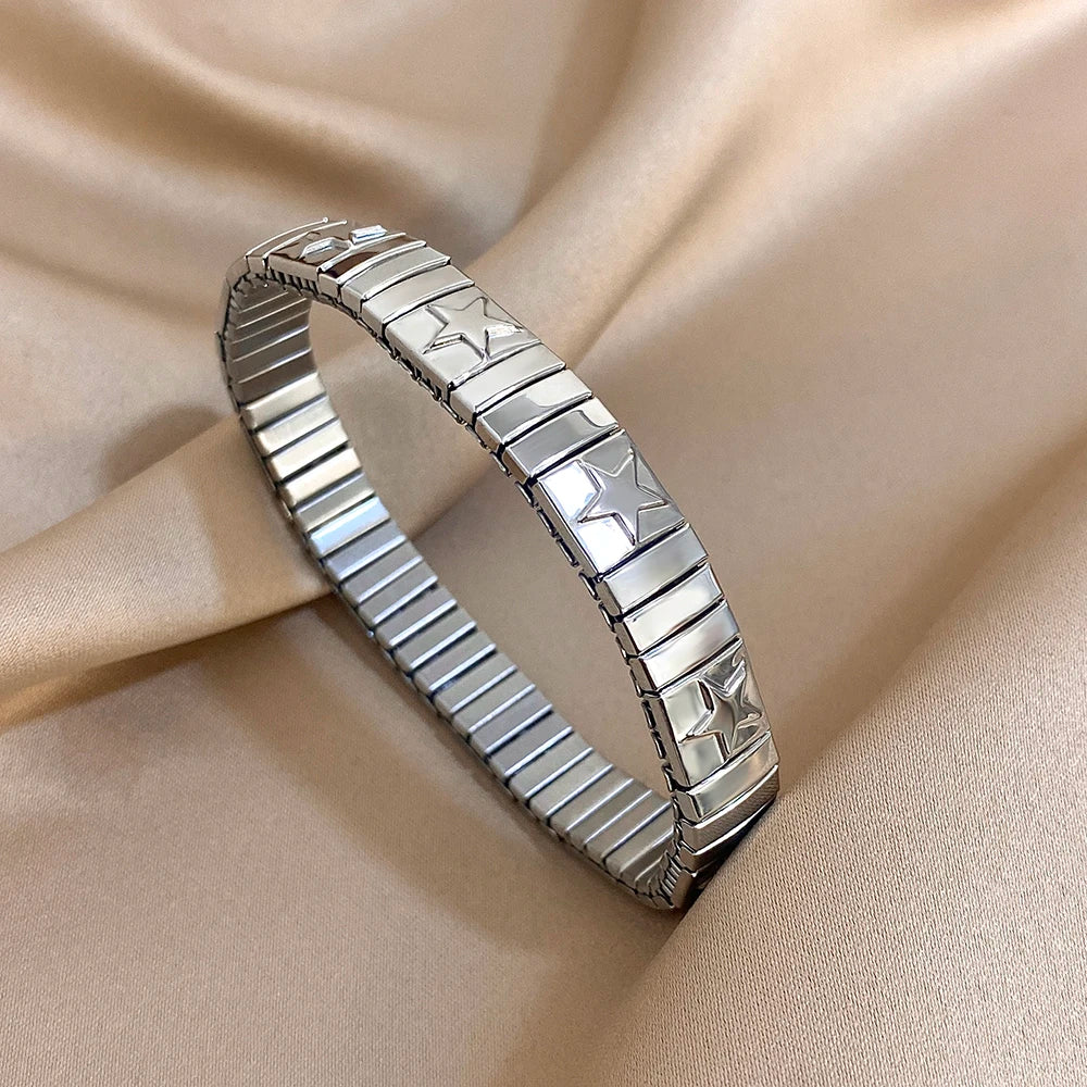 Bracelet vintage italien en acier inoxydable élastique à motif étoile, style jonc, ajustable, pour femmes et hommes.