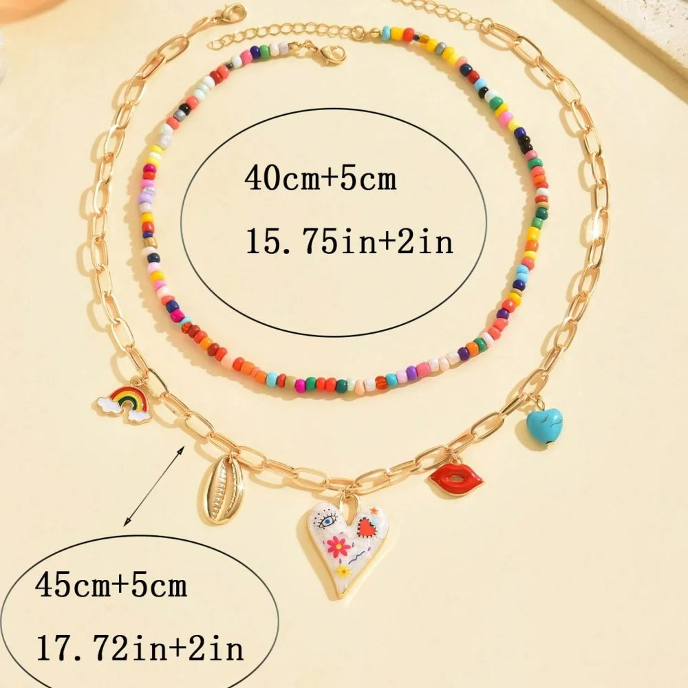 Collier bohème multicouche fait main avec perles et pompons, pendentif goutte d'huile colorée, bijou pour femme
