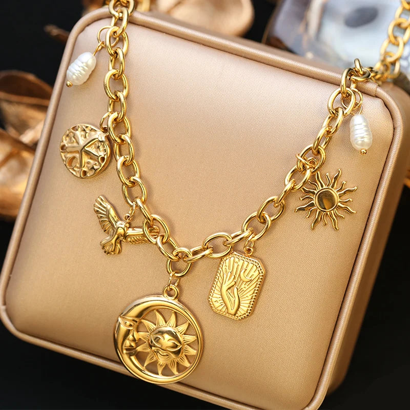 Collier pendentif soleil, cœur et fleur en acier inoxydable 316L EILIECK, plaqué or 18 carats, bijou fait main pour femme et fille