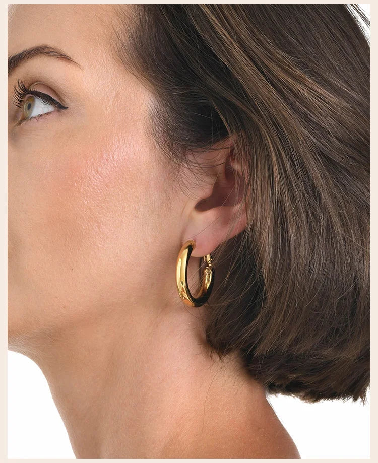 Boucles d'oreilles créoles rondes 30/40/50 mm pour femme, bijoux minimalistes classiques en acier inoxydable plaqué or 18 carats, hypoallergéniques