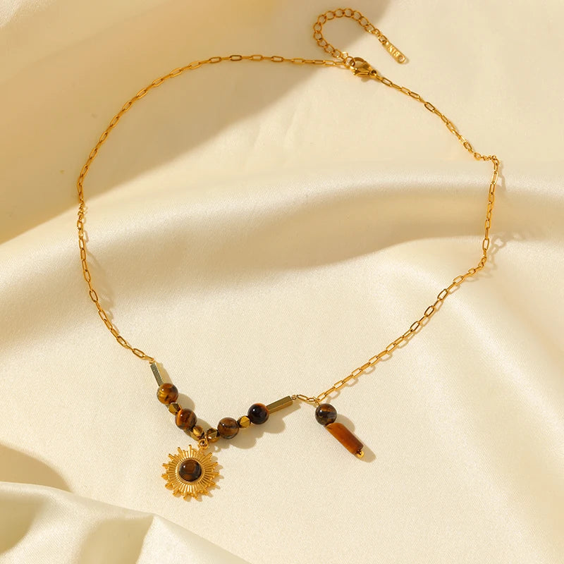 Ensemble collier et bracelet pendentif vintage en acier inoxydable 316L marron à perles, tendance pour femme, cadeau original et étanche.