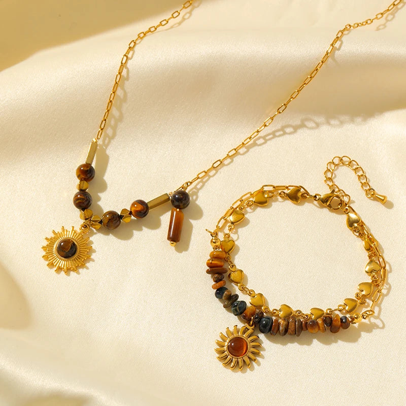 Ensemble collier et bracelet pendentif vintage en acier inoxydable 316L marron à perles, tendance pour femme, cadeau original et étanche.