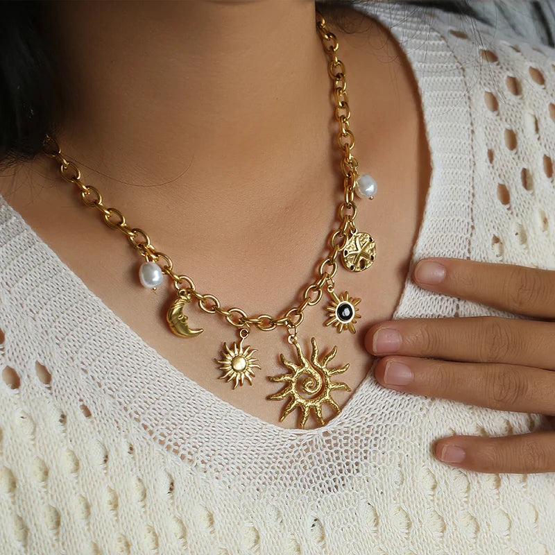 Collier pendentif soleil, cœur et fleur en acier inoxydable 316L EILIECK, plaqué or 18 carats, bijou fait main pour femme et fille