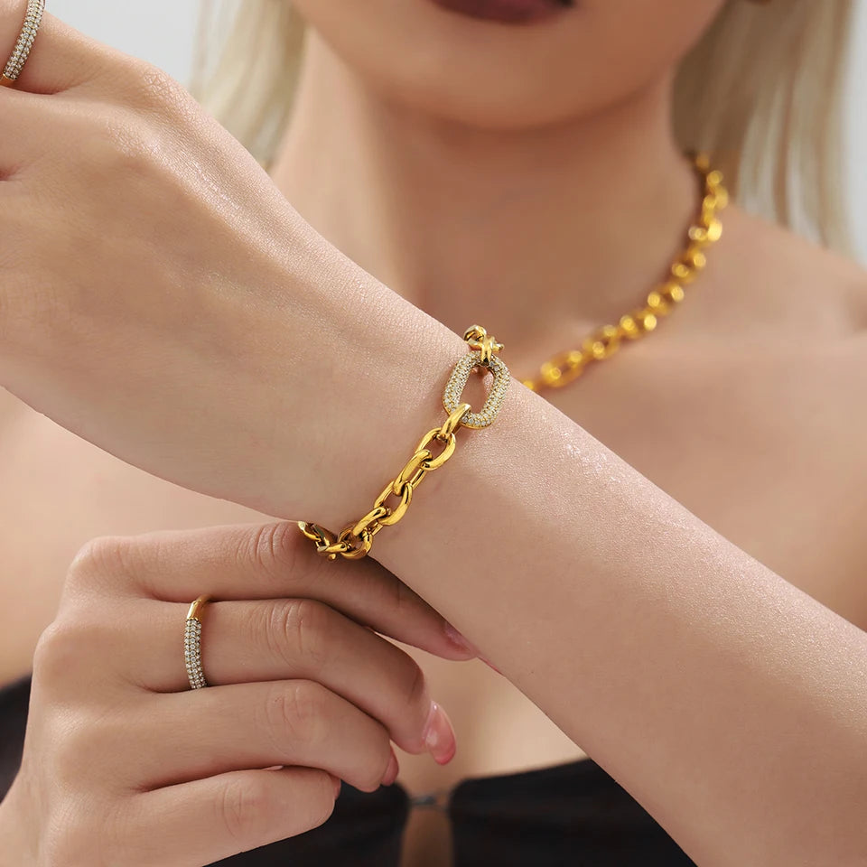 Ensemble collier et bracelet à grosse chaîne style rock hip-hop en acier inoxydable plaqué or 18 carats avec pendentif, pour femme