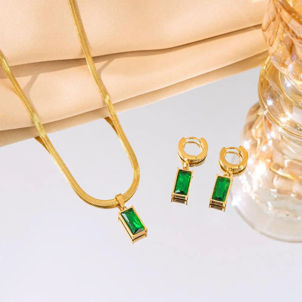 Ensemble de bijoux pour femme en acier inoxydable, collier et boucles d'oreilles carrés en zircon vert, chaîne dorée, accessoires, cadeau de mariage