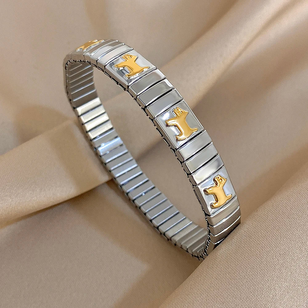 Bracelet vintage italien en acier inoxydable élastique à motif étoile, style jonc, ajustable, pour femmes et hommes.