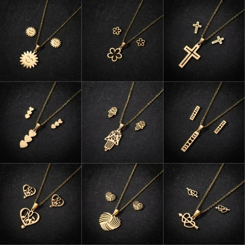 Lot de 20 pièces en acier inoxydable doré avec pendentif cœur, fleur et croix (collier, boucles d'oreilles, etc.) pour femmes (vente en gros).