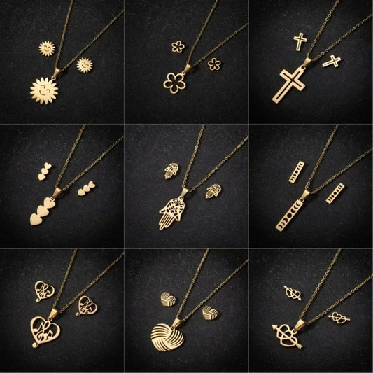 Lot de 20 pièces en acier inoxydable doré avec pendentif cœur, fleur et croix (collier, boucles d'oreilles, etc.) pour femmes (vente en gros).