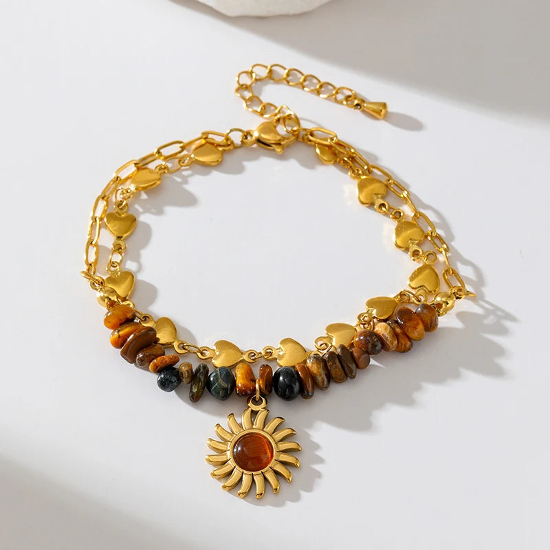 Ensemble collier et bracelet pendentif vintage en acier inoxydable 316L marron à perles, tendance pour femme, cadeau original et étanche.