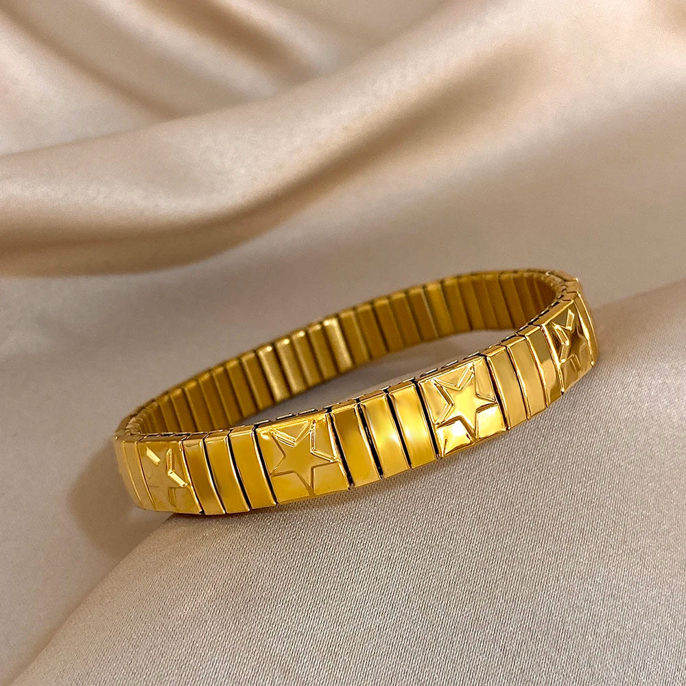Bracelet vintage italien en acier inoxydable élastique à motif étoile, style jonc, ajustable, pour femmes et hommes.