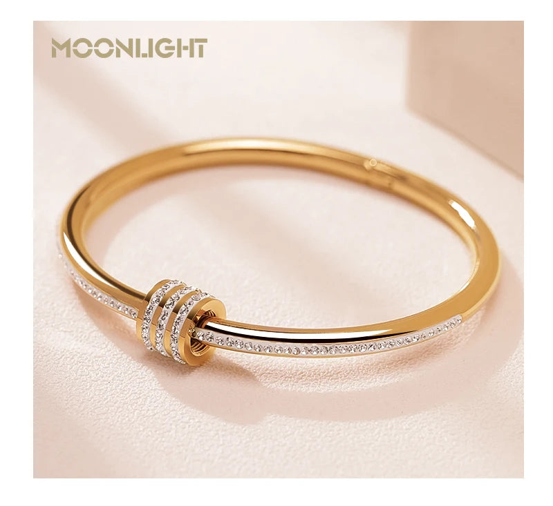 Bracelet jonc classique MOONLIGHT en acier inoxydable et zircon pour femme, bracelet à vis circulaire, bijoux féminins, accessoires de mode