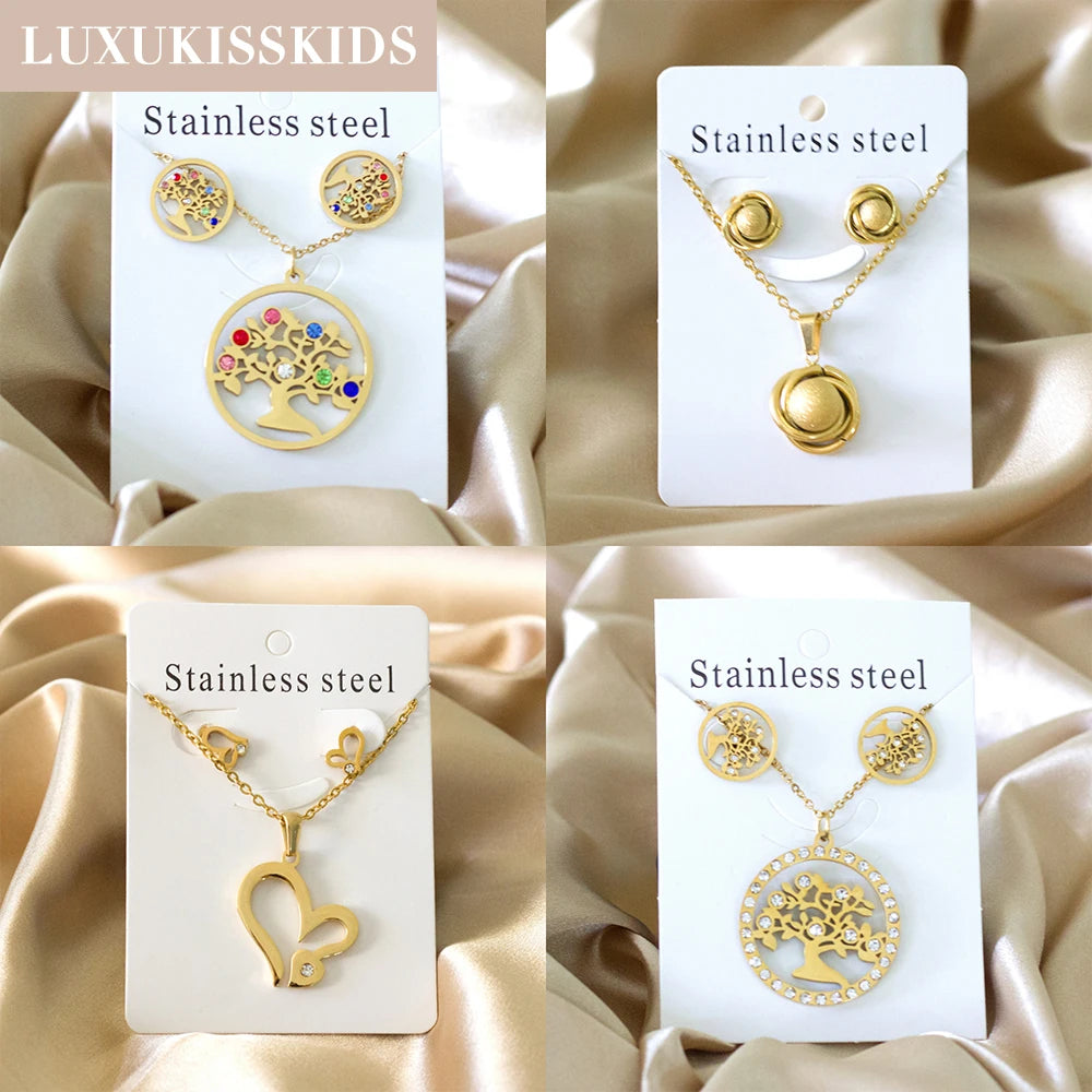 LUXUKISSKIDS Grandes Breloques Arbre de Vie Dubaï Ensembles de Bijoux Dorés pour Femme/Homme Hippie Ensemble Pendentif Rond Collier Boucles d'Oreilles Punk