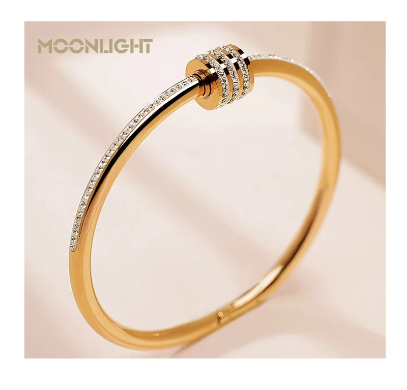Bracelet jonc classique MOONLIGHT en acier inoxydable et zircon pour femme, bracelet à vis circulaire, bijoux féminins, accessoires de mode