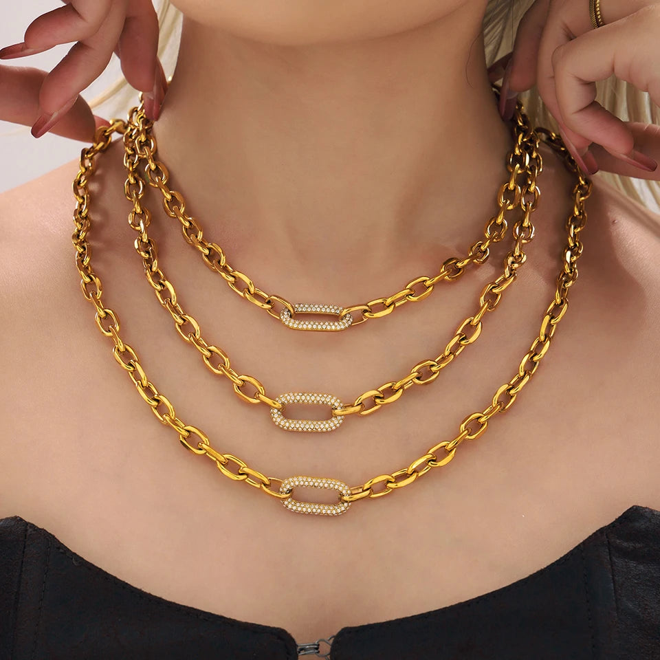 Ensemble collier et bracelet à grosse chaîne style rock hip-hop en acier inoxydable plaqué or 18 carats avec pendentif, pour femme