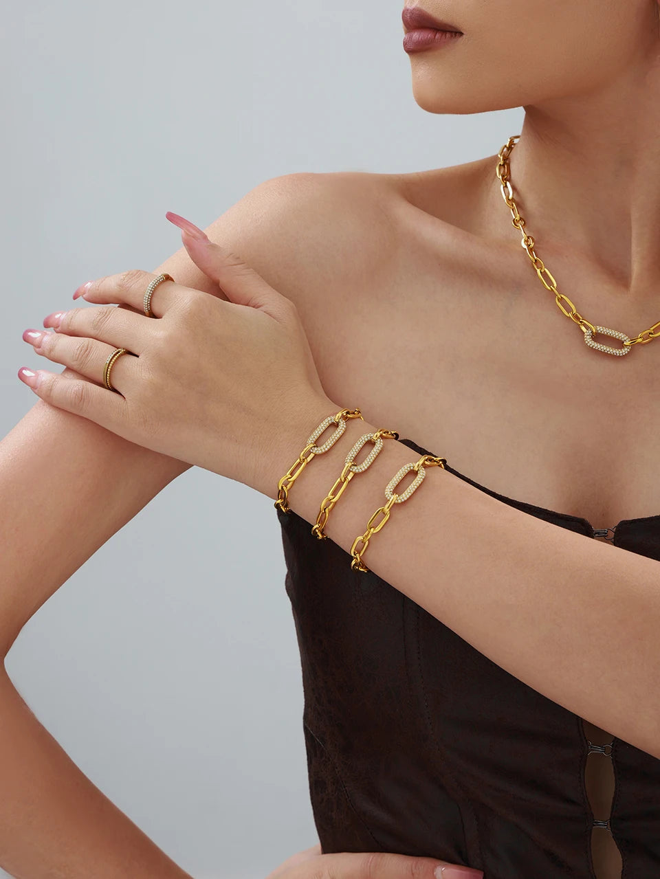 Ensemble collier et bracelet à grosse chaîne style rock hip-hop en acier inoxydable plaqué or 18 carats avec pendentif, pour femme