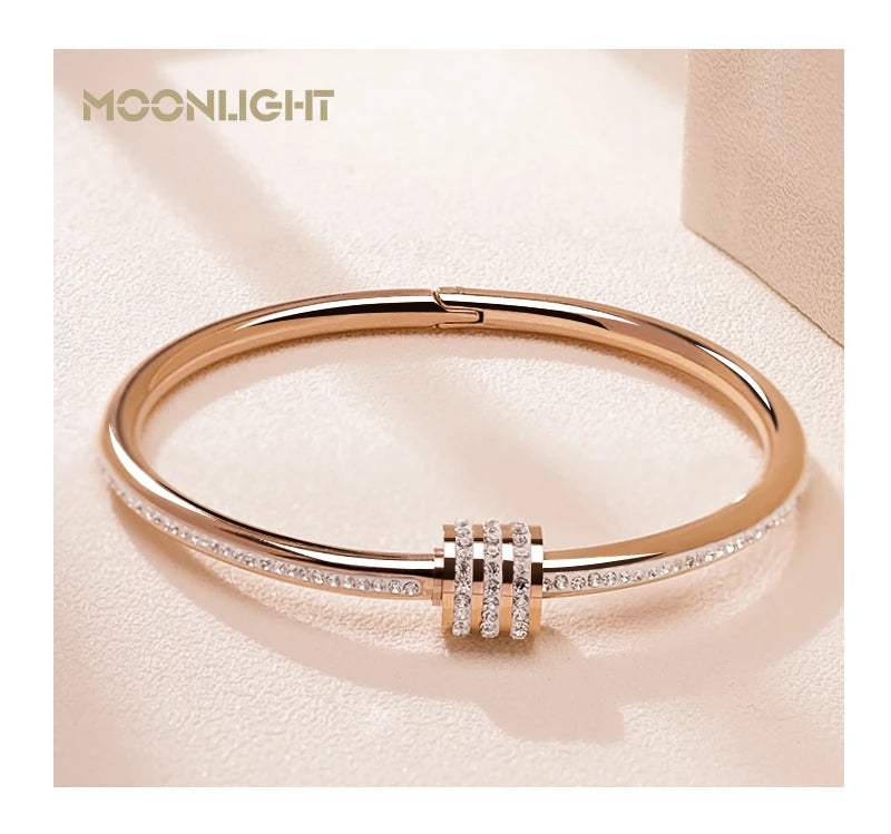 Bracelet jonc classique MOONLIGHT en acier inoxydable et zircon pour femme, bracelet à vis circulaire, bijoux féminins, accessoires de mode