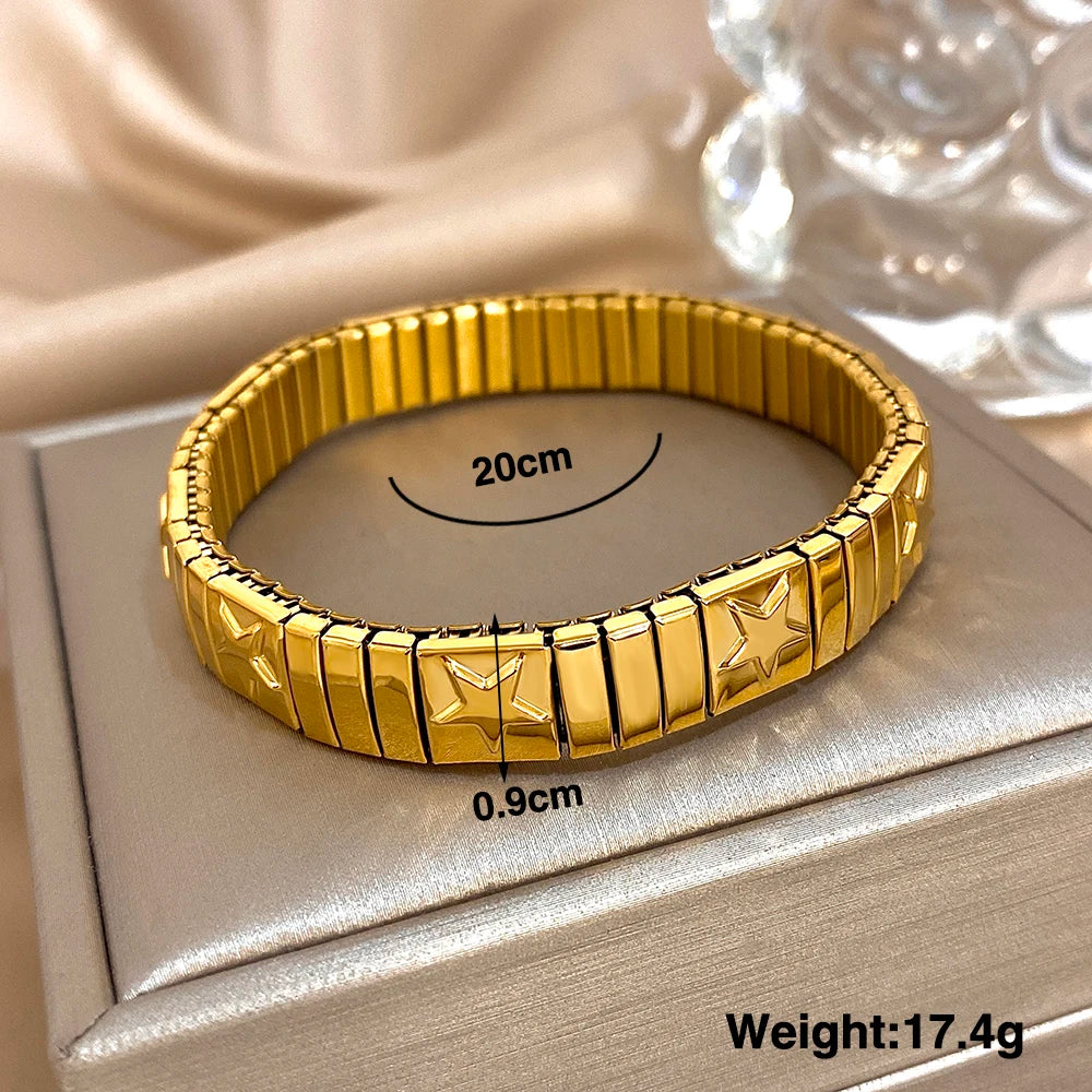 Bracelet vintage italien en acier inoxydable élastique à motif étoile, style jonc, ajustable, pour femmes et hommes.
