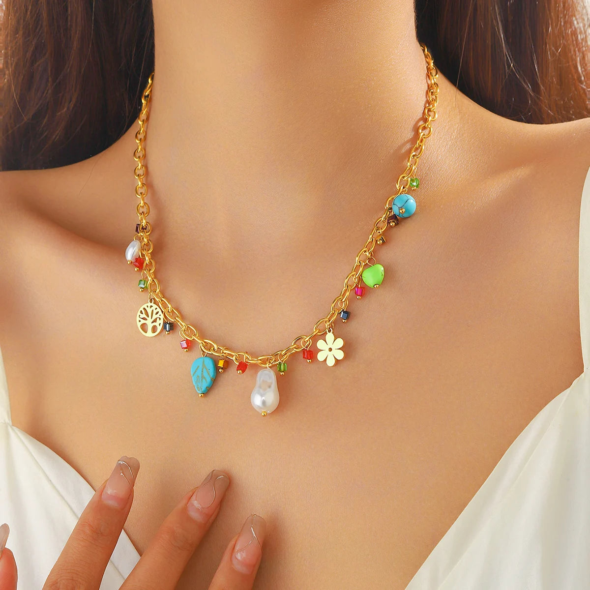 Collier DIEYURO en acier inoxydable 316L, Arbre de Vie, Fleur de Perle et Cristal, Nouveau Bijou Tendance pour Femme, Idée Cadeau de Noël